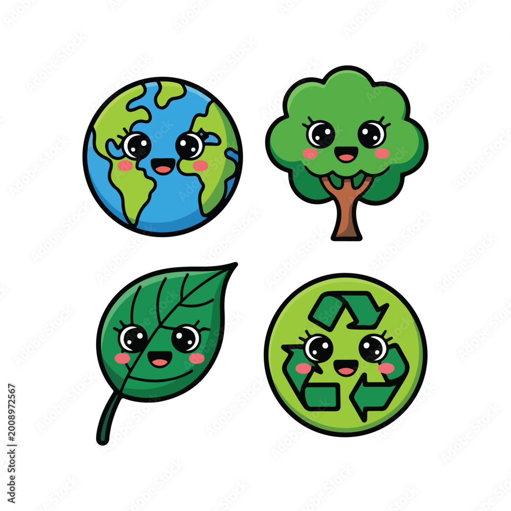 Obraz premium earth day kawaii icon set happy globe tree leaf eco symbol playful rounded vibrant flat 