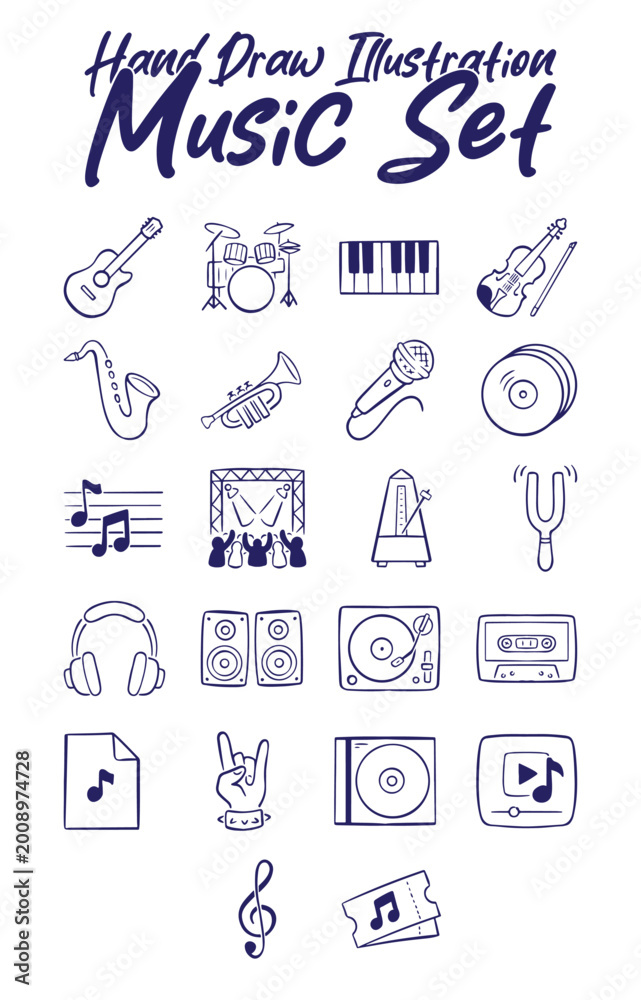 Fototapeta premium Hand drawn music illustration set featuring various instruments, audio equipment, and symbols in a doodle sketch style. Perfect for creative designs, banners, and music icons