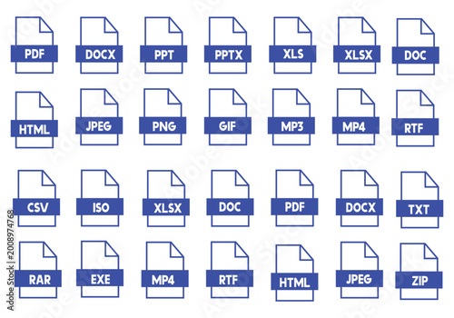 Bild auf Leinwand File type icon set, files format type vector, PNG, JPEG, PDF, DOCX, and other file extension