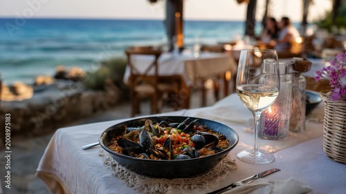Seafood pasta dish with wine at seaside restaurant