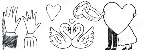 Fotografie Hand drawn wedding vector illustration set collection pencil crayon texture blac