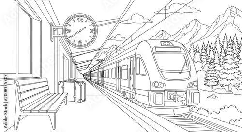 Railway station platform coloring page with passenger train waiting beside wooden bench luggage bag wall clock and mountain forest landscape background view.