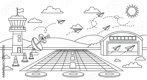 Картината върху платно Airport runway coloring page featuring control tower radar dish hangar traffic cones and paper airplanes flying in sunny sky for creative kids activity set