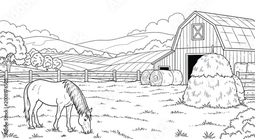 Obraz na plátne Farm landscape coloring book page with horse grazing in field near rustic barn and haystacks under mountain backdrop and rolling hills for kids activities