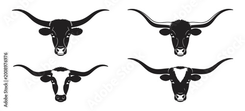 Bild auf Leinwand Bull head logo icon set, long horn bull silhouette vector icons for aggressive m