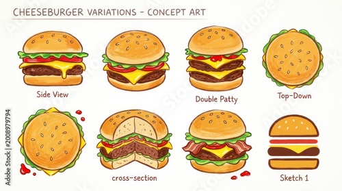 Delicious Cheeseburger Variations Concept Art Depicting Different Styles and Views.