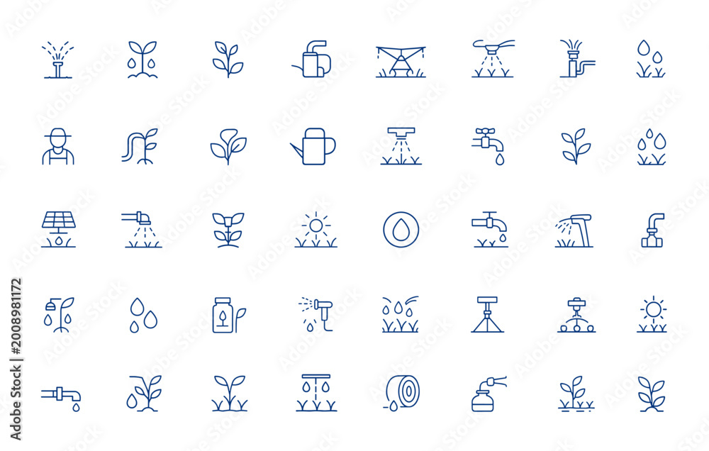 Obraz premium Minimalist irrigation icon pack featuring editable vector stroke designs for farm, growth, agricultural, lawn, pipe, and art elements—perfect for mobile and web apps, agriculture and more.