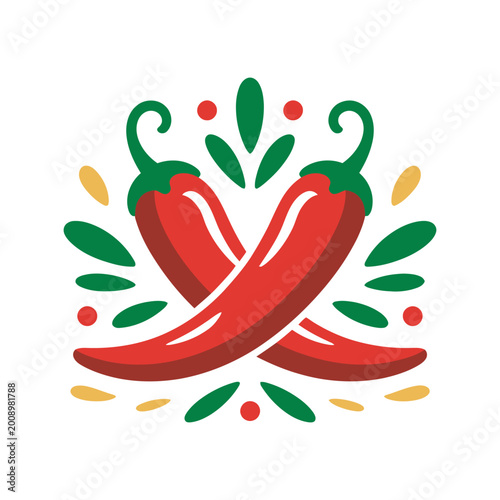 Fotografie Stylized Crossed Red Chili Peppers, vector graphic illustration spicy food symbo