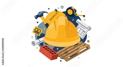 Construction and Engineering Industry Tools Illustration with Yellow Hard Hat, Hammer, Blueprints, and Building Materials on White Background