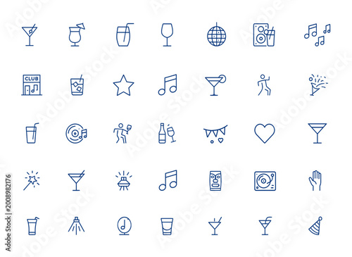 Minimalist nightclub icons: vector cocktail symbols for party, bar, disco, entertainment, nightlife, celebration, drinks, dance floor, clubbing, music, social events, nightlife vibes