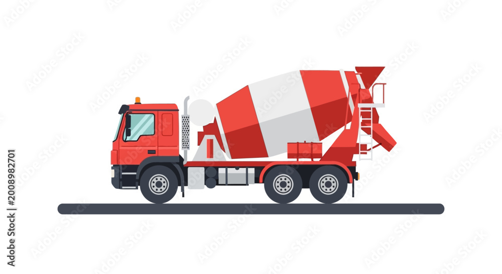 Fototapeta premium Red and White Concrete Mixer Truck Vector Illustration - Industrial Cement Transit Vehicle Side View