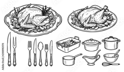 Tableau sur toile Roasted chicken turkey line art platter cookware cutlery vector set