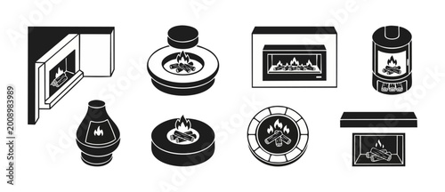 Obraz na plátne Fireplace Icons Set, Modern Wood Burning Stoves and Heating Equipment Vector Ill