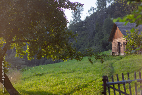 Foto Old wooden barn on green hill apple tree rustic landscape carpathians
