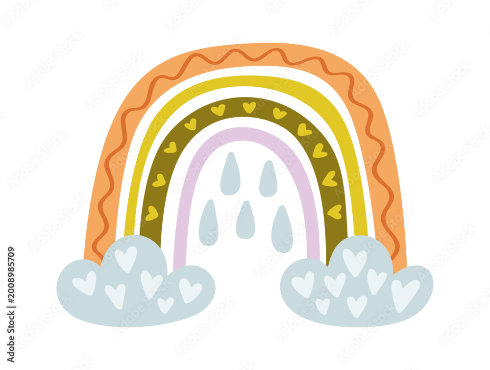 Fototapeta premium Rainbow With Hearts And Raindrops Doodle