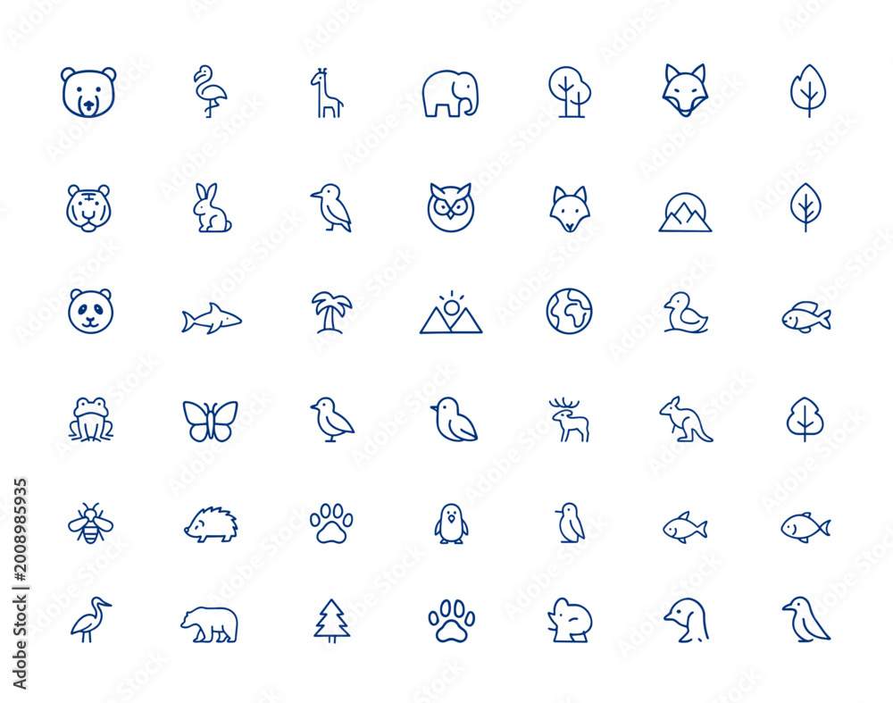 Obraz premium Minimalist wildlife icon collection featuring editable line strokes of bear, flamingo, giraffe, forest, nature, flat design UI symbols, vector illustration, animal icons, environment, fauna and more.