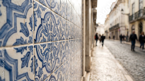 azulejo portuguese tile wall with blurred pedestrians in historic city street