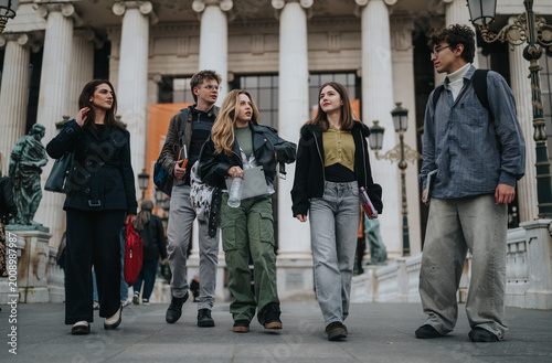Foto A group of university students walking and talking in front of a neoclassical campus building