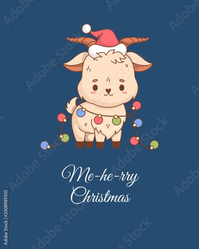Bild auf Leinwand Cute Christmas goat cartoon wearing Santa hat and colorful lights with funny pun