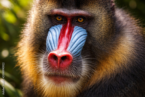 Close-up of a colorful mandrill with vivid facial features