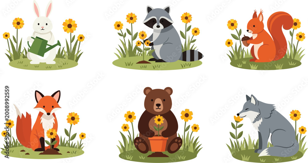 Fototapeta premium Cute cartoon forest animals sitting among yellow flowers isolated on transparent background, isolated on white background, Vector