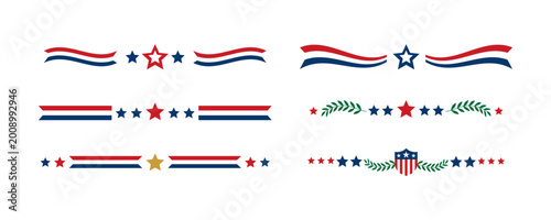 Set of American patriotic dividers with stars, stripes, and laurel wreaths in red, white, and blue colors. Vector borders for Independence Day or Memorial Day designs. USA decorative elements.