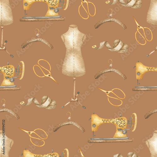 Photos Seamless pattern of seamstress tools brown