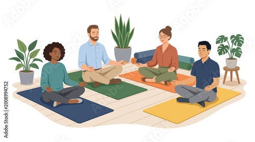 Group of People Meditating Together on Colorful Mats.