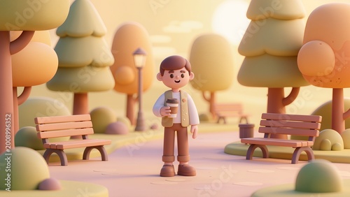 A happy young adult character stands in a cozy park during golden hour, smiling warmly while holding a takeaway coffee cup. The 3D cartoon illustration