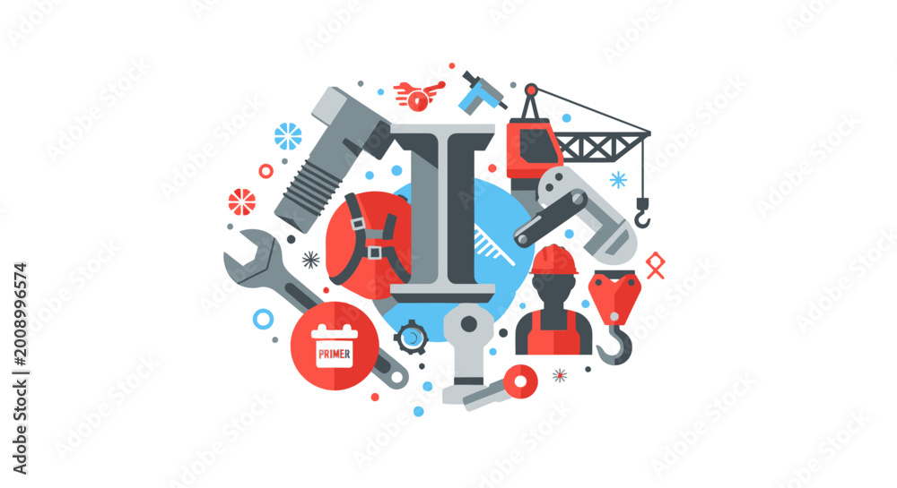 Fototapeta premium Construction and Industrial Engineering Concept Illustration with Steel I-Beam, Crane, Worker, and Maintenance Tools in Flat Vector Design