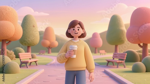 A happy young adult character stands in a cozy park during golden hour, smiling warmly while holding a takeaway coffee cup. The 3D cartoon illustration