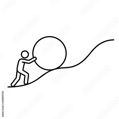 Foto Line art icon of a person pushing a heavy stone on a wavy uphill path symbolizin