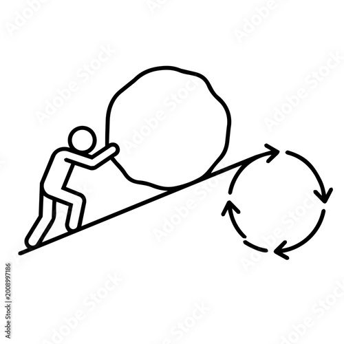 Obraz na plátně Line art icon of a person pushing a heavy stone uphill with cyclic arrow symbol