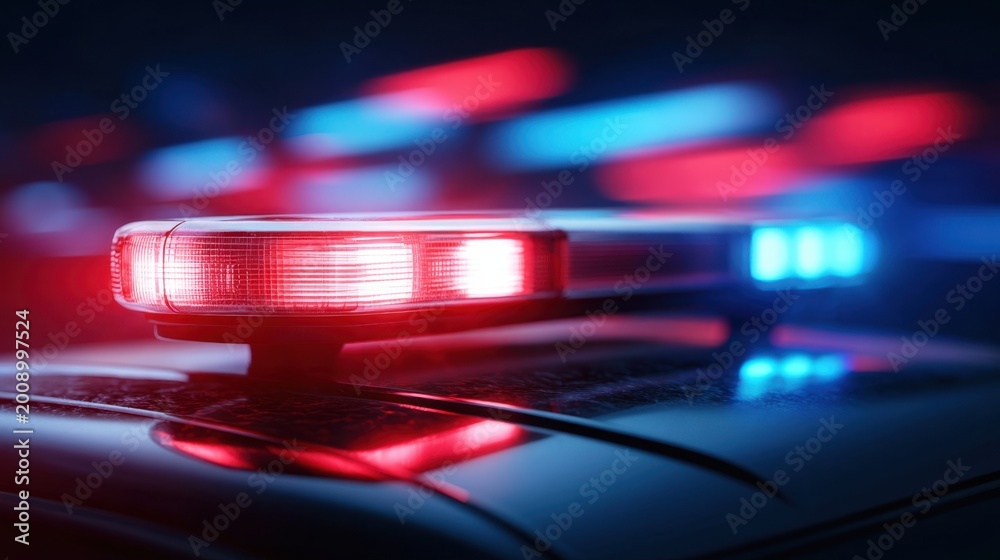 Naklejka premium Close-up View of Police Vehicle Light Bar Illuminating in Red and Blue for Emergency Response Scenario
