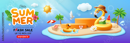 Summer flash sale orange podium display, Yellow flamingo inflatable, yellow rubber duck, coconut trees, beach bed on island beach banner design