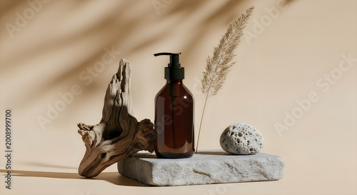 Brown glass bottle on stone with driftwood and dried grass on beige background
