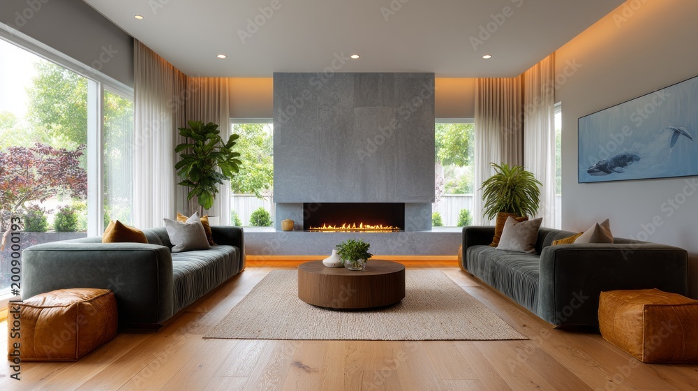 Fototapeta premium This welcoming space features plush sofas, a warm fireplace, and lush greenery. Soft lighting fills the room, creating a perfect atmosphere for relaxation and social gatherings