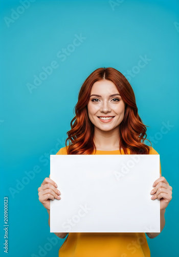 Smiling woman holding a blank white sign in front of her on blue background