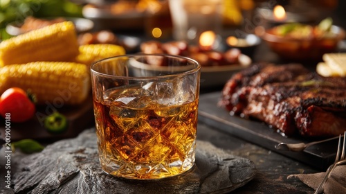 Glass of bourbon whiskey beside BBQ meal