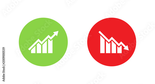Increase decrease graph icon. Business analytics symbol in green and red circle