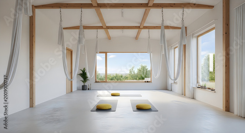 A serene yoga studio with white walls, wooden beams, and a peaceful outdoor view through large windows