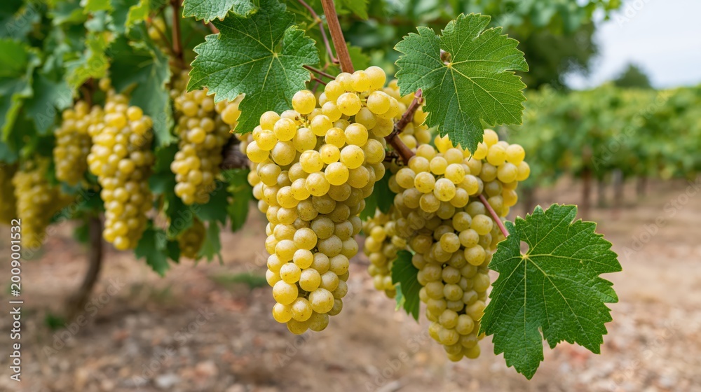 Fototapeta premium Vineyard vine loaded with heavy bunches of golden Chardonnay grapes in late summer.