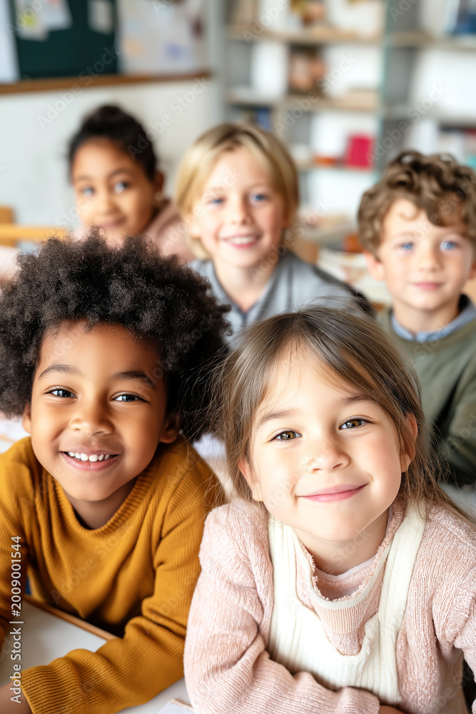 Obraz premium Happy Diverse Children Smiling in Classroom