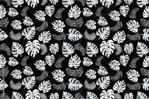 Fotografi Seamless Hawaiian floral pattern in elegant black tones featuring tropical flowers and leaves arranged in a balanced composition