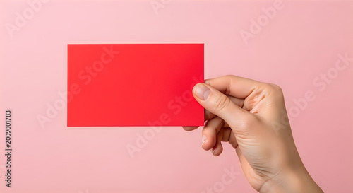 Hand holding a red card on a pink background for design and communication purposes