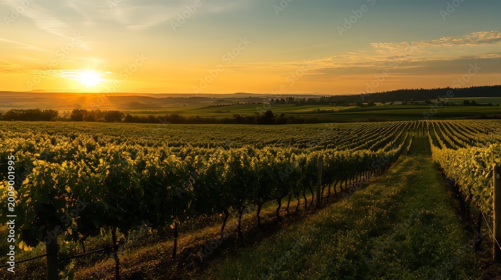 Fototapeta premium Sunset over a vineyard with rows of grapevines in the countryside during evening hours