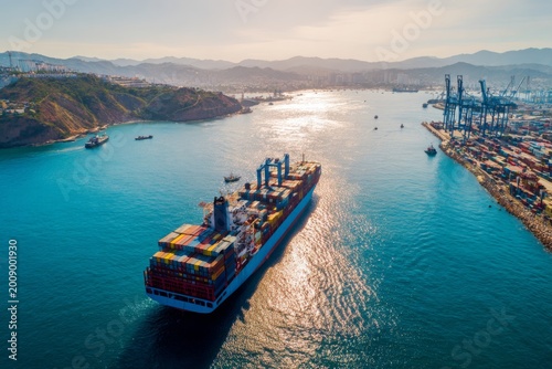 Birds-eye view of a large cargo ship at a busy port with cranes and containers