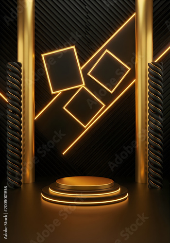 Luxurious gold podium with neon lights on black background for product showcase or presentation