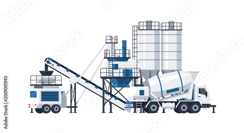 Concrete Batching Plant Illustration with Cement Mixer Truck, Silos, and Conveyor Belt. Industrial Construction Equipment Vector Isolated on White Background.