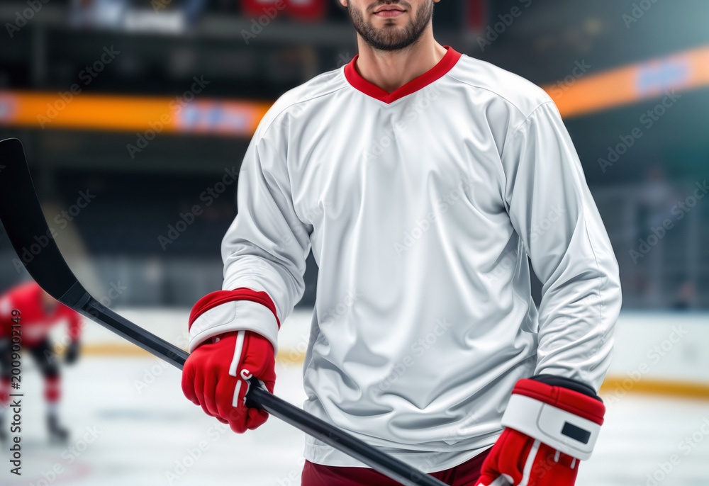 Fototapeta premium Blank white sport longsleeve on hockey player mockup, ai generated. Professional male sportsman in team jersey with hockey stick, stadium background. Clear forward costume for training template.